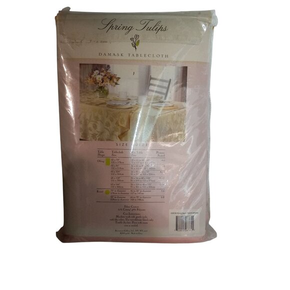 Spring Tulips Damask Tablecloth 60 X 144 Oblong Light Pink Polyester Vintage NEW - Picture 4 of 9